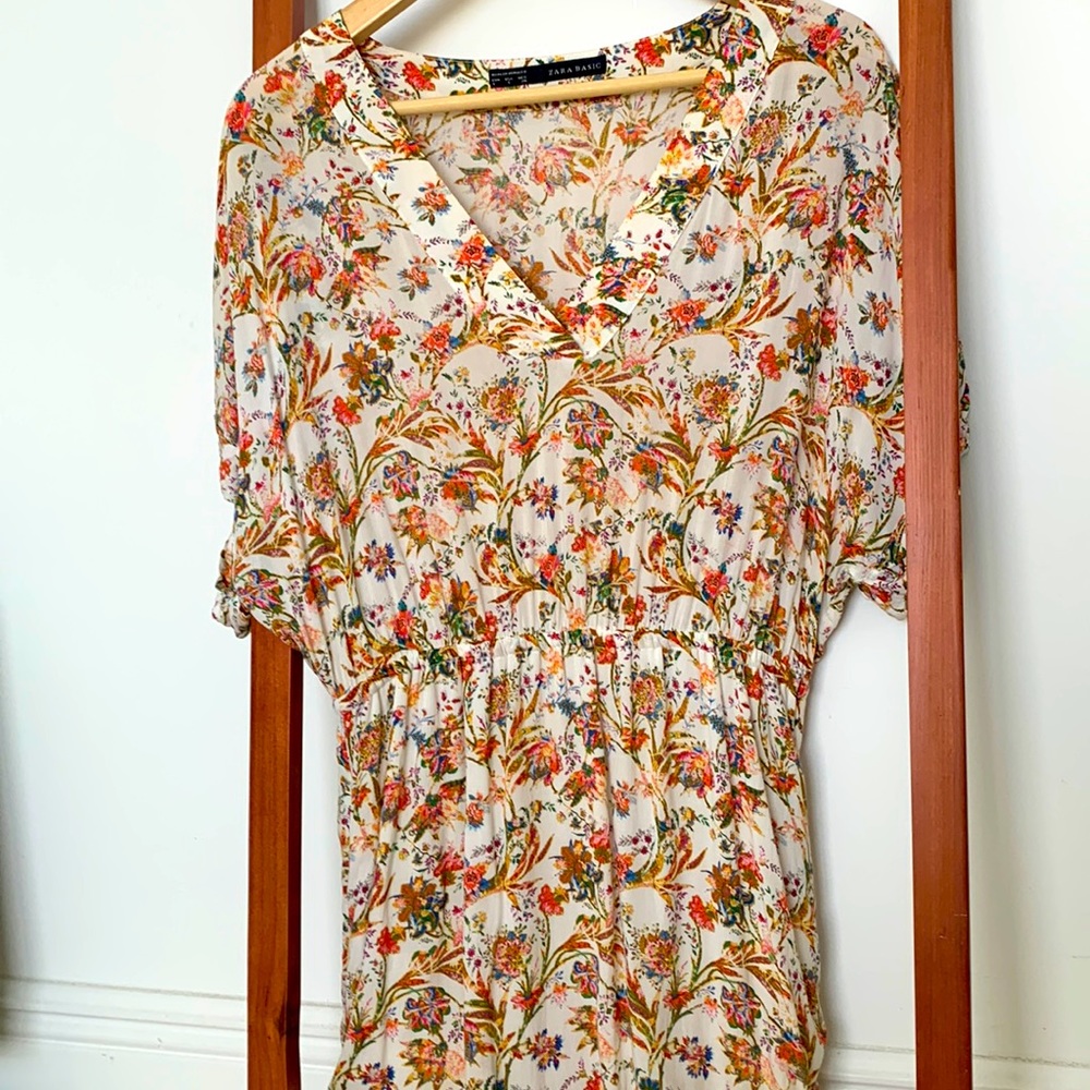 ZARA Cotton Mini Dress Size S Elastic Waist Side Pockets Lining